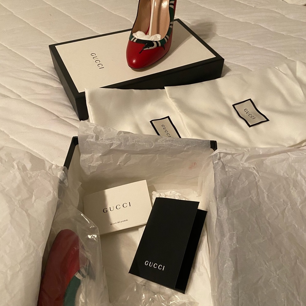 Gucci Red Leather Yoko Snake High Heel Pumps
